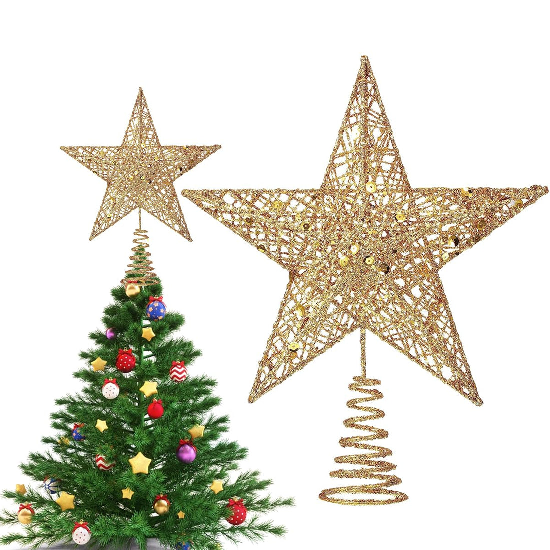 Radiant Gold Christmas Tree Star Topper - 24 cm Sparkling Glitter Star Tree Topper for Christmas Party Decoration