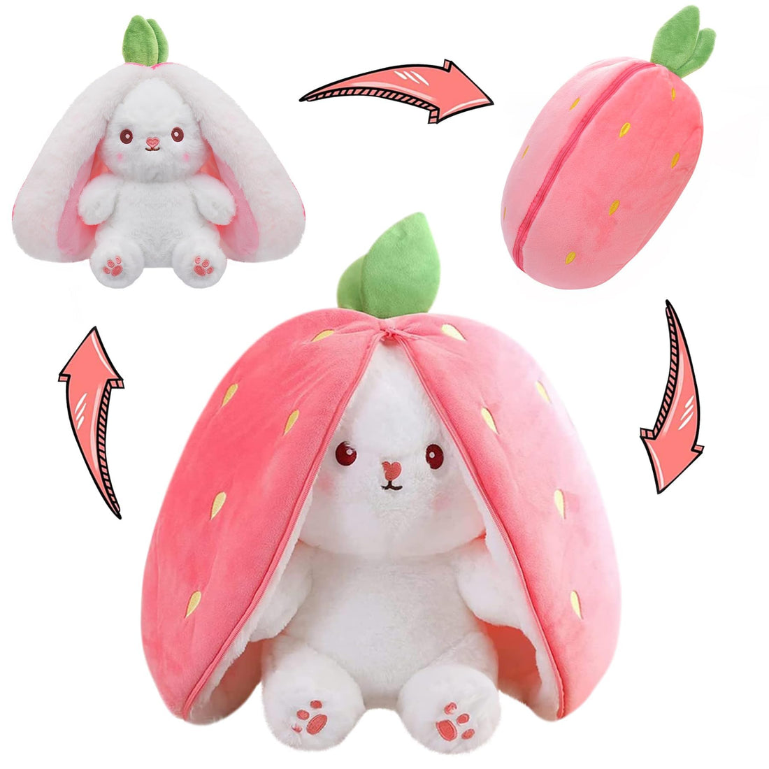 MIAODAM Easter Bunny Stuffed Animal, Carrot and Strawberry Bunny Plush Turn Into Rabbit Fruit Doll, Plushie Funny Bunny Toy for Baby (10inch)