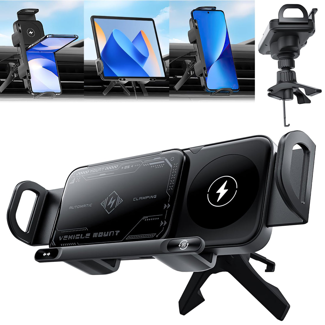 High Intelligent Mobile Phone/Pad Holder, 2 in 1 Auto Rotating Phone Holder, Car Charger Fast Charging Phone Holder, for Most Mobile Phones/Pads, Including Foldable Phones (Black)
