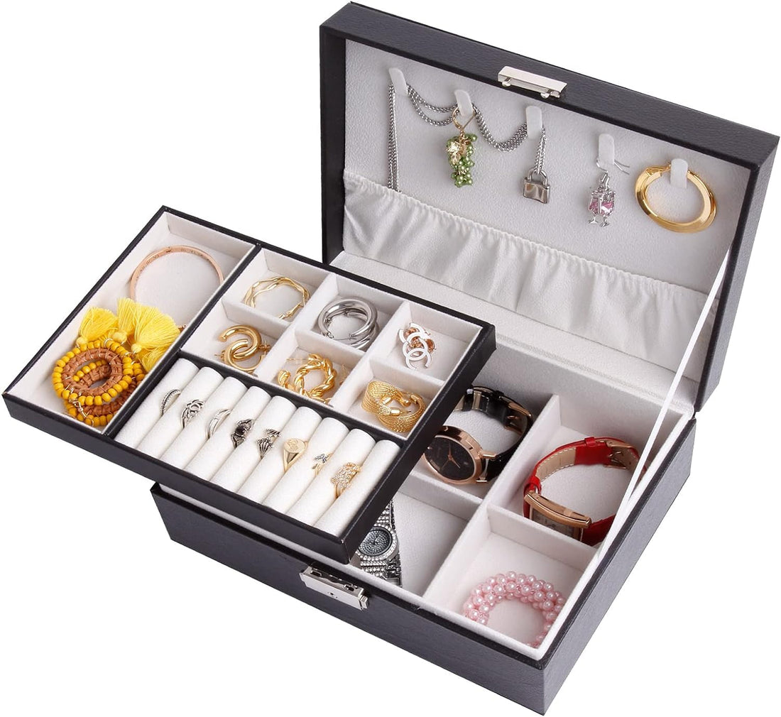Jewelry Storage Box 2 Layers PU Leather Jewelry Organizer Box with Lock and Removable Compartments for Earrings Rings Necklaces Watches for Women Teen Girls Men Black
