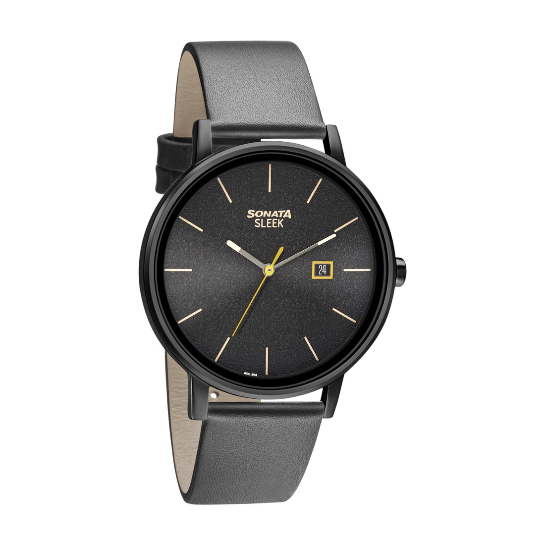 Sonata Watch for Men, Quartz Movement, Analog Display, Black Leather Band Strap-NR7131NL04