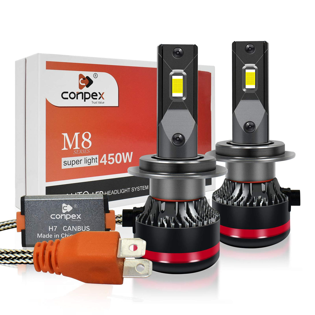 Conpex H7 LED Headlight Bulbs, 90W 12000 Lumens LED Headlights Conversion Kit Low Beam 6500K White IP68 Waterproof, Pack of 2 (H7)