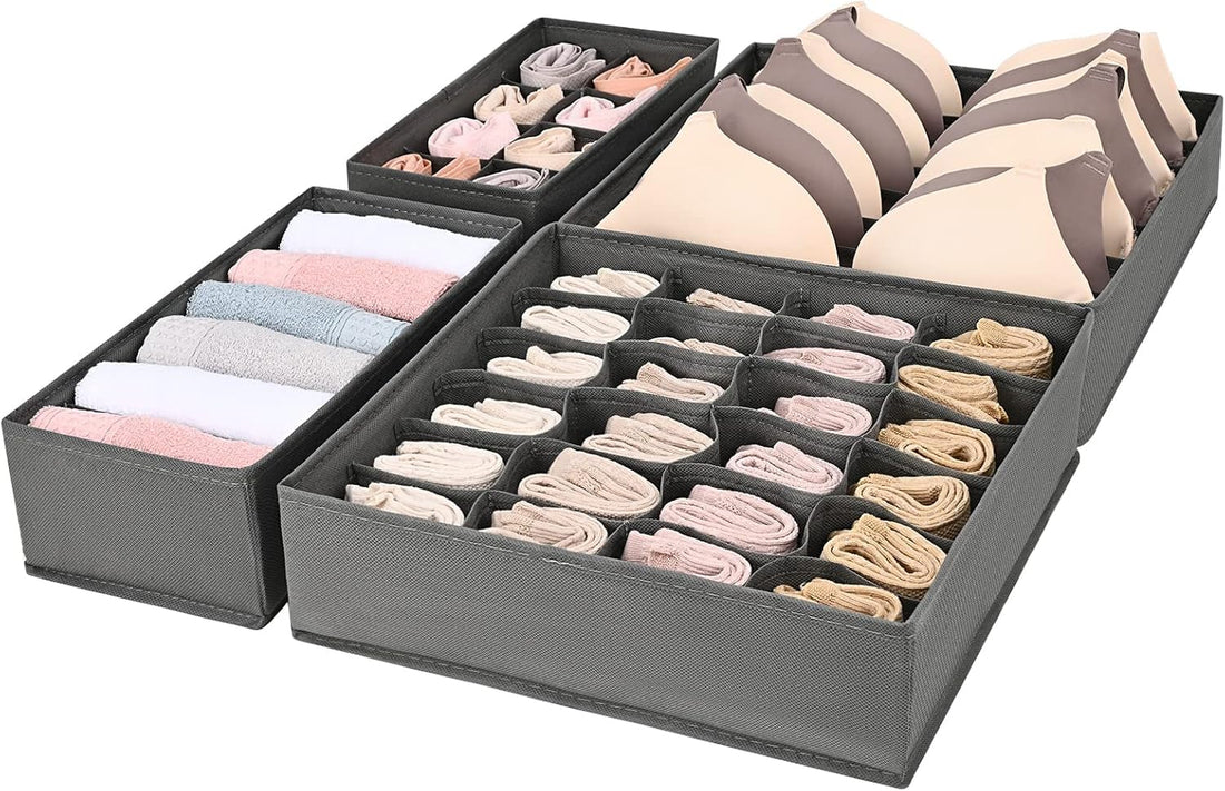 Circle M Drawer Organizer, 4-Pack Non-woven Fabric with Multiple Compartments for Socks/Underwear/Ties, Grey