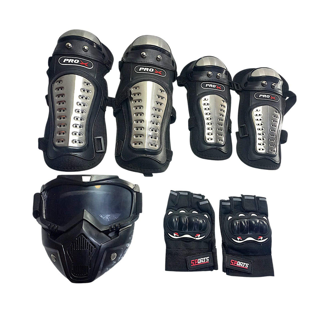 LOKYBOY Motorcycle Protective Gear Set, Including Black Skull Helmet, Gloves, Knee and Elbow Guards, + Gift Cloth Mask, Universal Size.