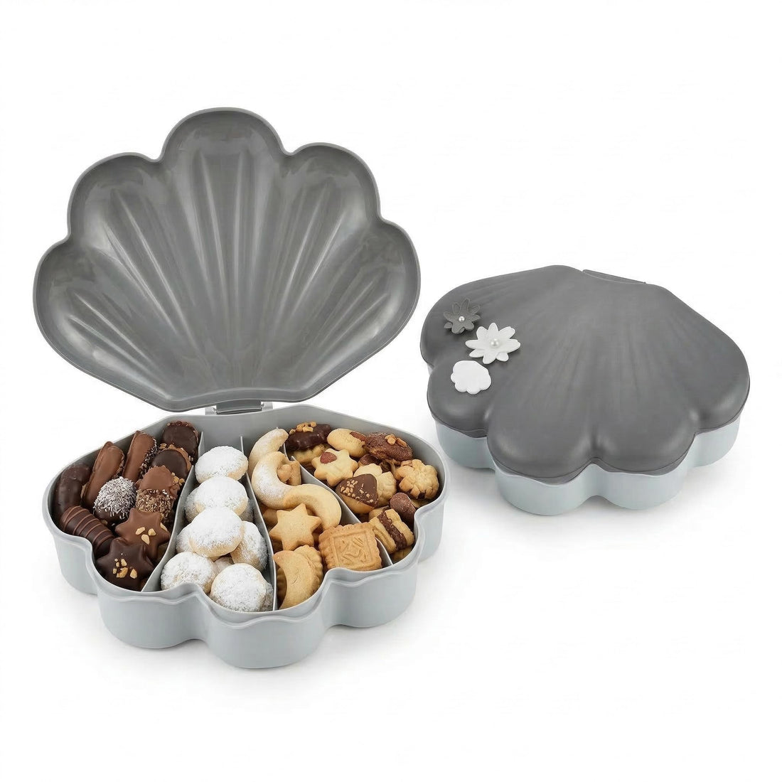 Plastic Shell Bonbonniere with Lid and Phone Holder, 4 Sections Divided Hospitality Box for Candy, Chocolate, Nuts, Cookies, Cookies (Grey)