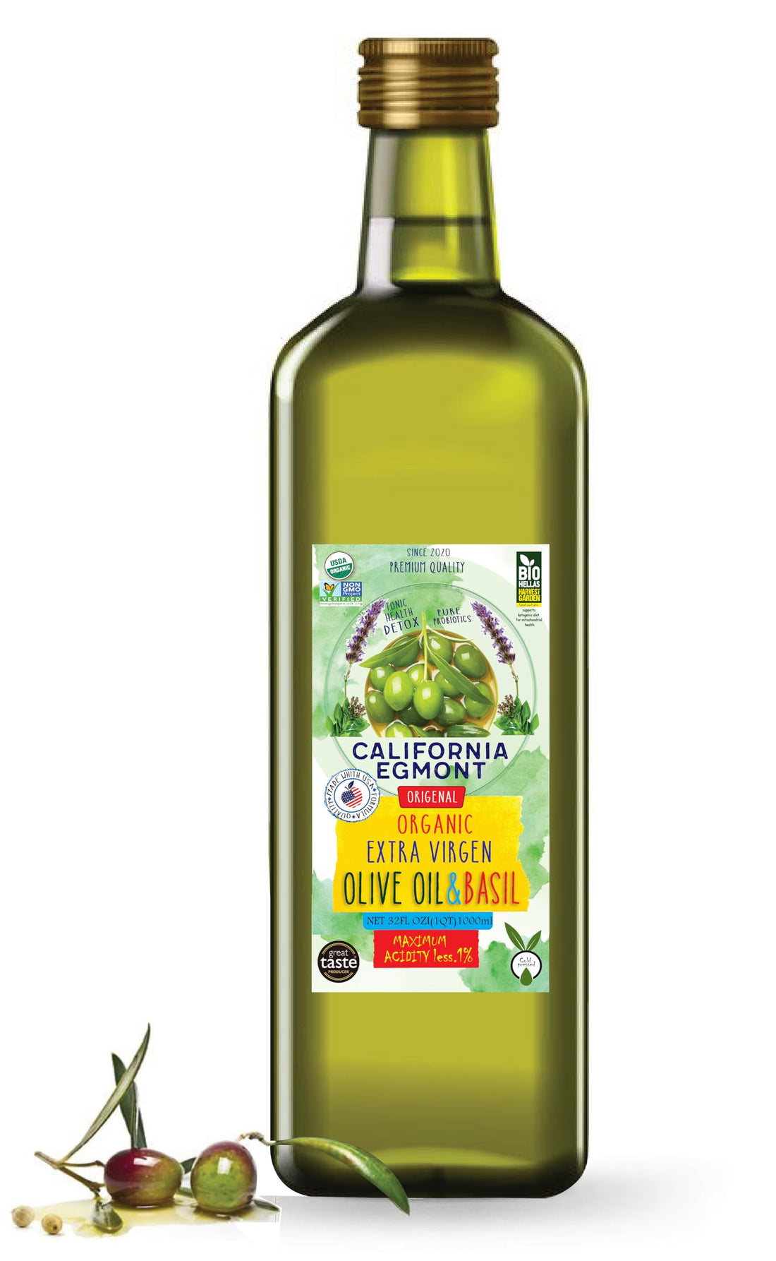 California Egmont Extra Virgin Olive Oil Cold Pressed to Maintain Its Rich and Well-Balanced Flavor, Less Than 1% Acidity (1000g, Basil Aged Olive Oil)