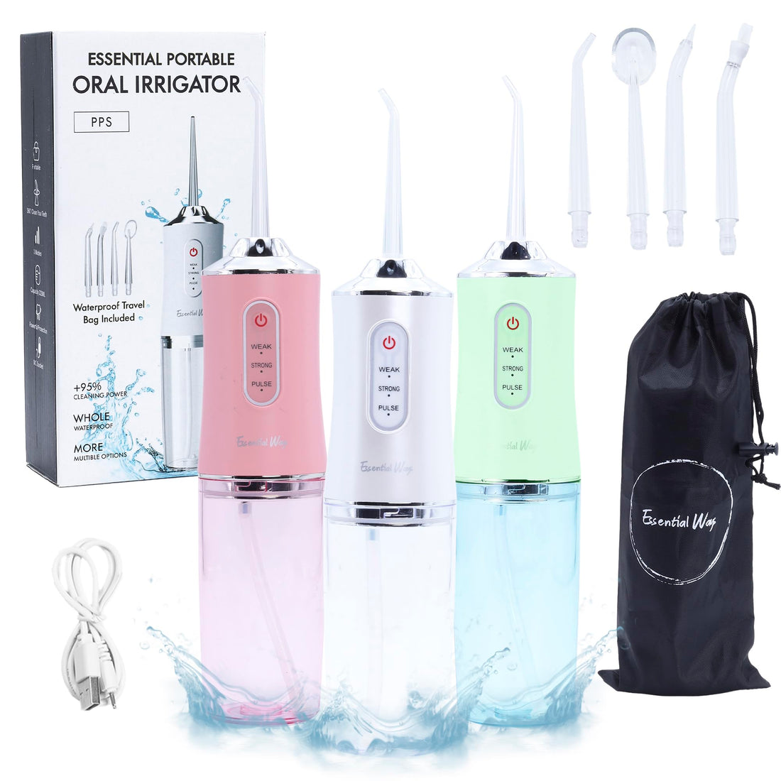 Cordless Water Flosser, 220ml Portable Water Flosser Rechargeable 4 Hour Battery Life, 4 Cleaning Floss Picks, IPX7 Waterproof Teeth Cleaner, 3 Pressure Modes for Travel, Home (Green)