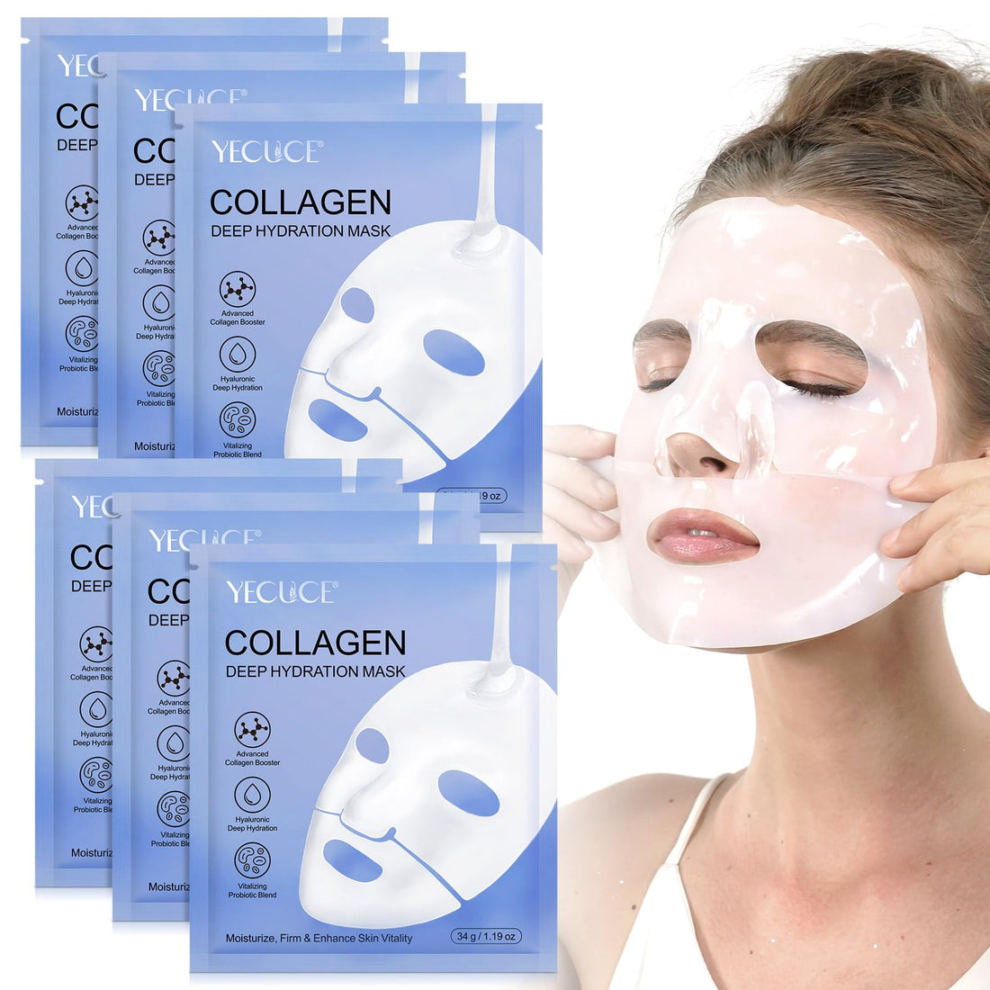 Organic Collagen Face Mask, 6 Pieces, Organic Collagen Face Mask, Overnight, Collagen Real Deep Mask, Overnight Face Masks, Beauty, Anti-Ageing and Rejuvenating Leaves
