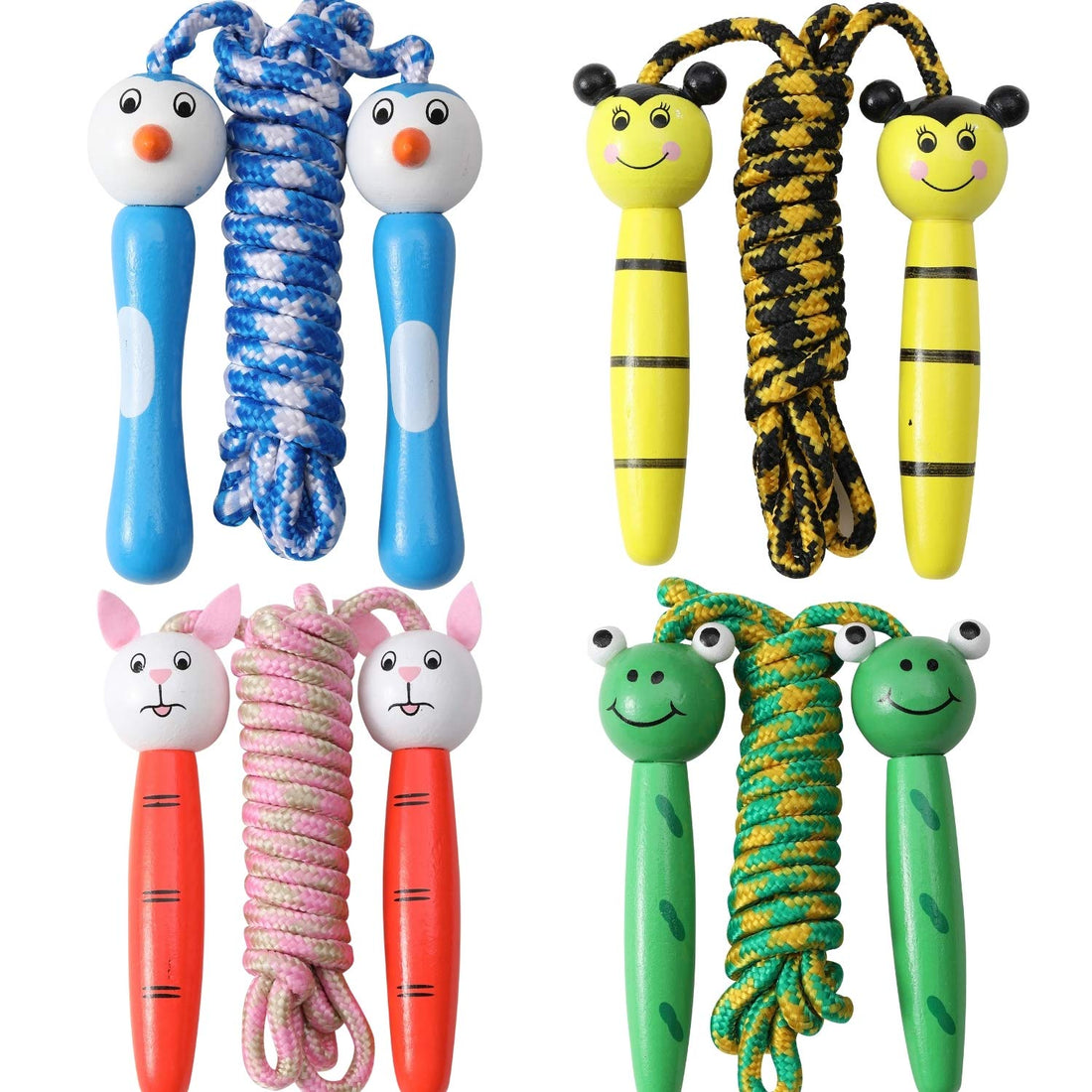 4 Pack Jump Ropes with Wood Handles for Kids - Animal Face Characters - 6.5 Feet Rope Length - Perfect for Children, Birthdays, Party Favors, Outdoor Fun