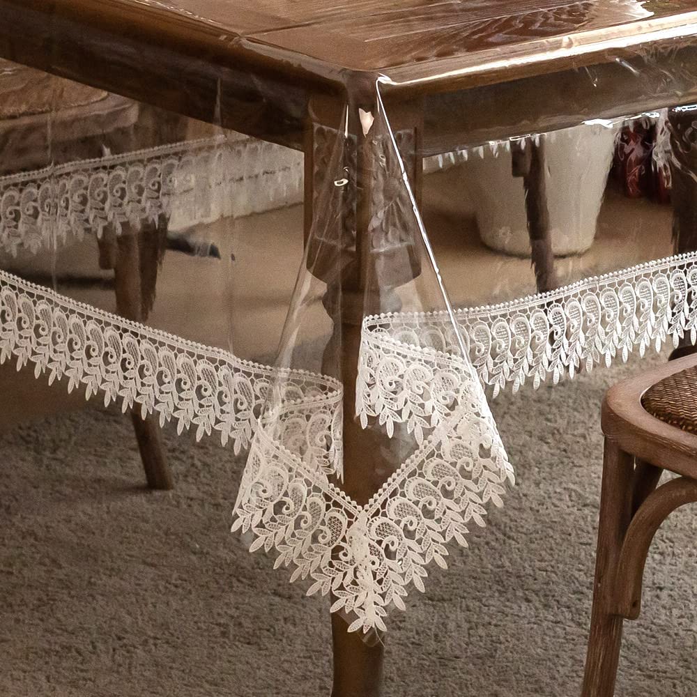 ARTABLE Vinyl PVC Rectangle Tablecloth Waterproof Clear Table Cover with Champagne Lace Macrame Border for Wedding Kitchen Home Outdoor Indoor Holidays Party Decor (Off White, 52 x 70 Inch)