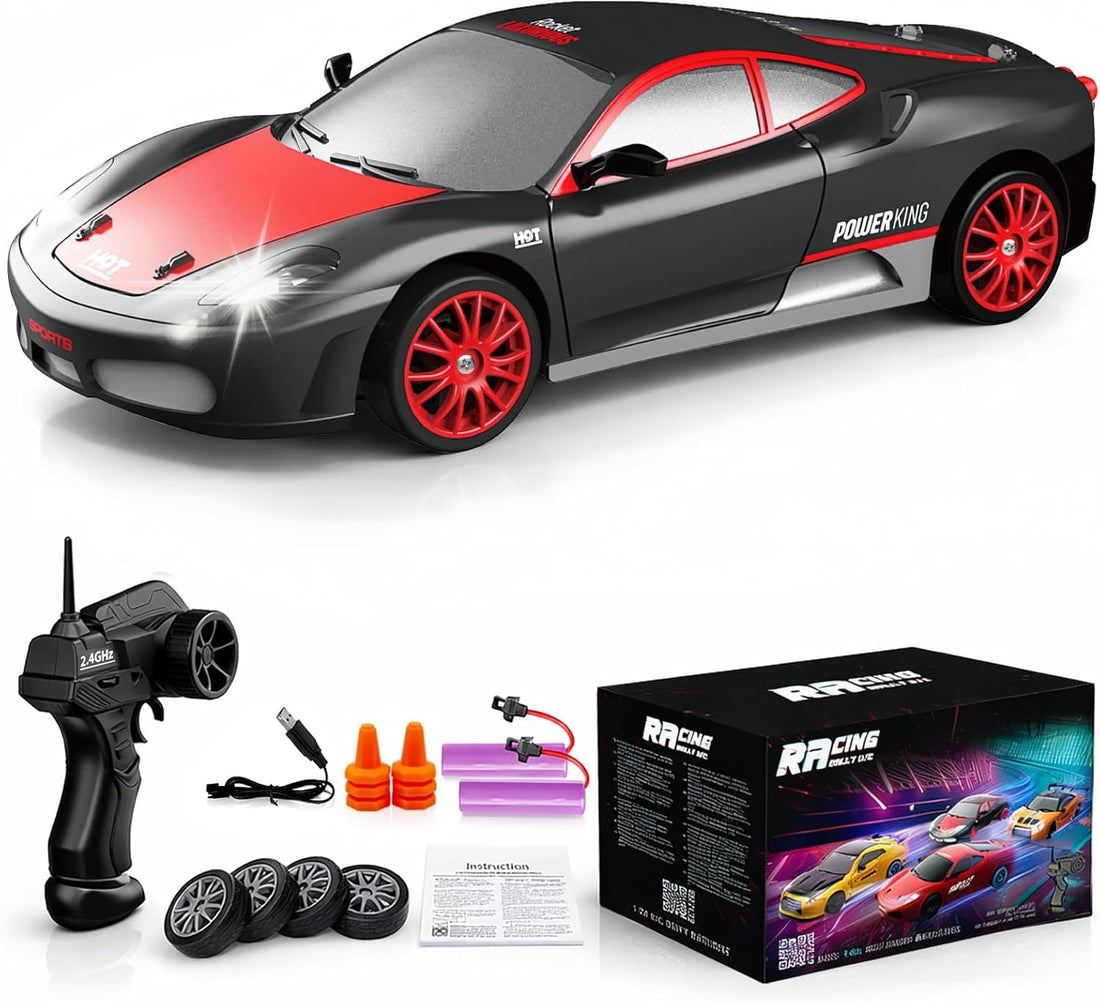 TOYS LAND 1:24 RC Drift Car, 2.4GHz Remote Control Car, 15KM/H High Speed 4WD Racing RC Cars with Extra Tires, LED Lights & 2 Rechargeable Batteries, Sport Vehicle Toy for Adults kids Boys Girls 6+