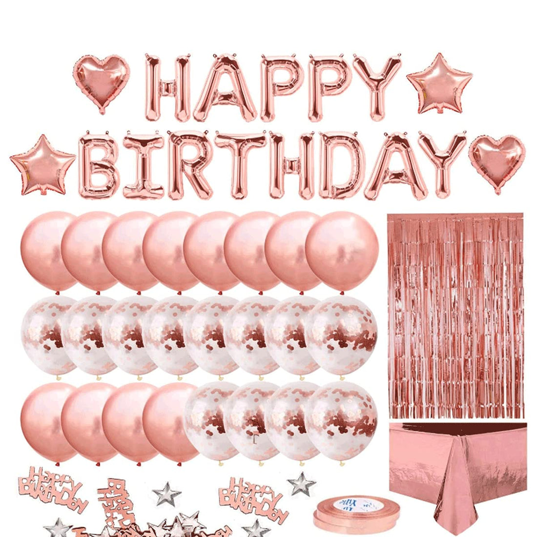 Beauenty Rose Gold Balloons Party Decorations Supplies for Birthday, Wedding Decorations, Including Happy Birthday Banner, Sequin Table Runner, Rose Gold Balloons, Foil Fringe Curtains
