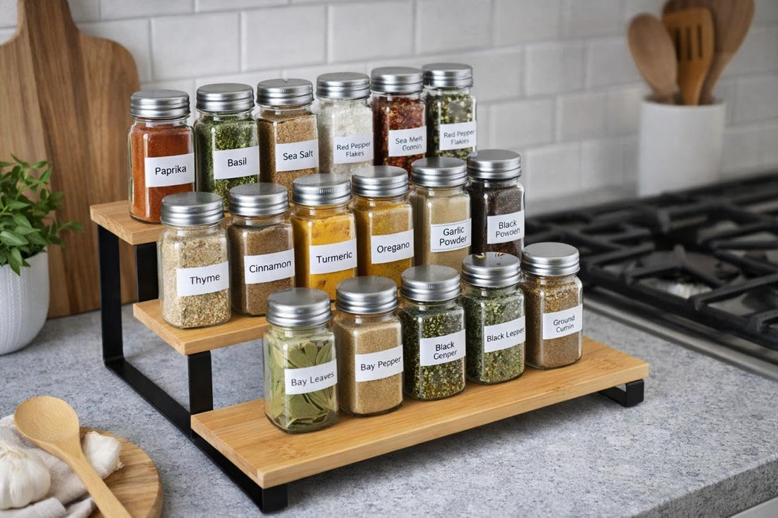 3 Tier Kitchen Organizer Rack – Spice Stand, Wood & Metal Cups – Save Space & Add Modern Decor Touch