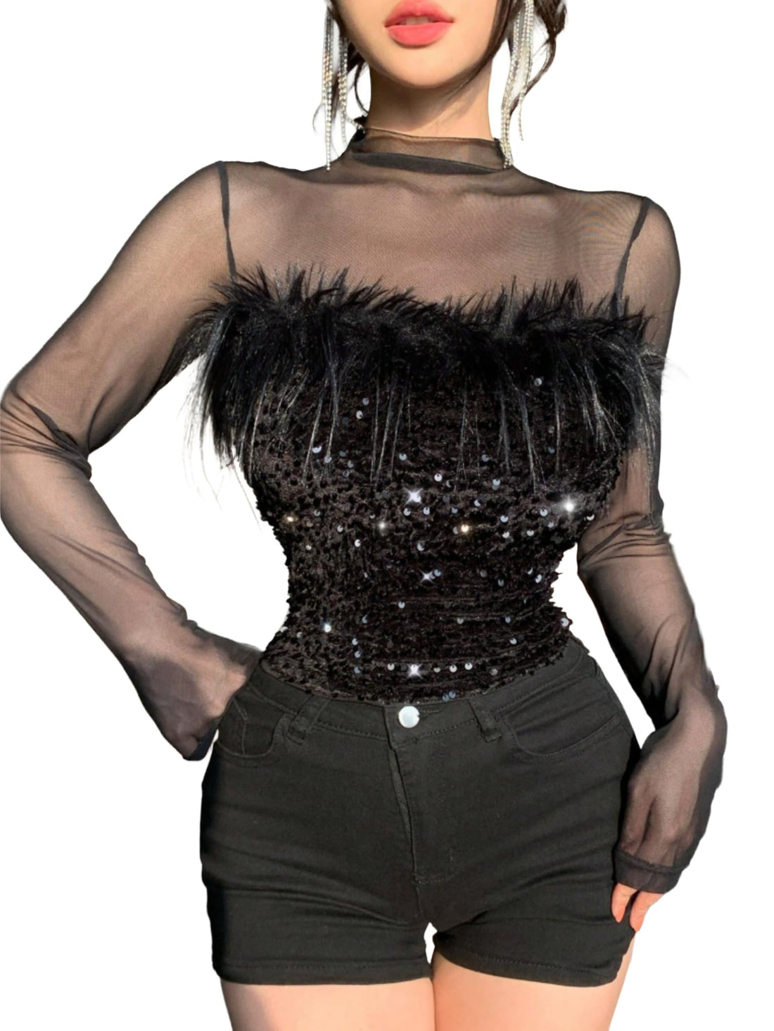 SHEIN Women's Luxury Black Sequin Long Sleeve Party Blouse - Mesh Splice Sheer Crop Top with Faux Fur Detail - Glitter Top for Prom, New Year and Evening Events