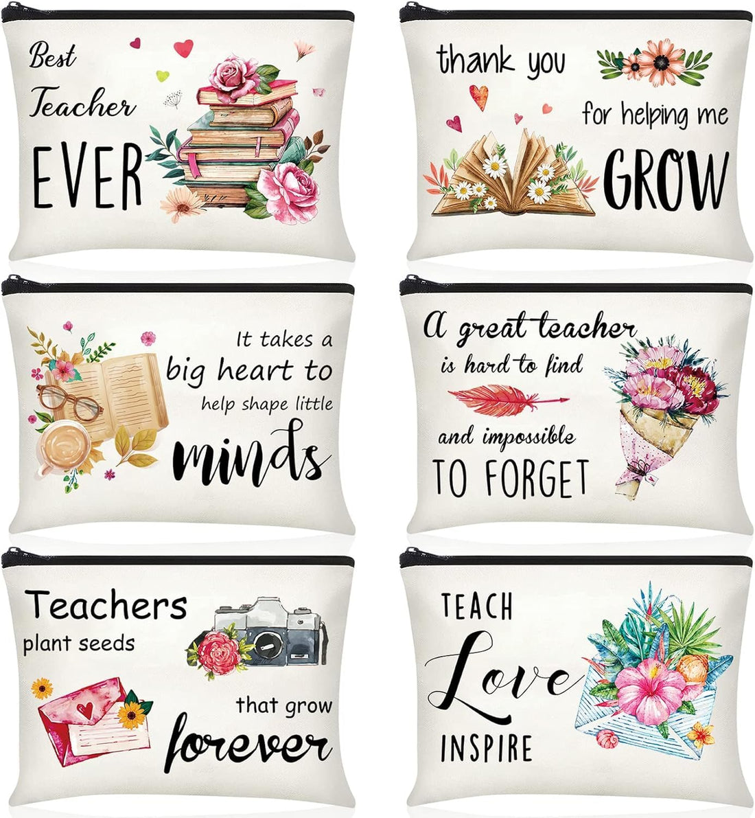 Magy store 6 Pcs Christmas Teacher Appreciation Gifts Teacher Makeup Bags Teacher Canvas Pencil Cosmetic Bags Toiletry Bag with Zipper for Travel Christmas Holiday Birthday Teacher Gifts Bulk(Retro)
