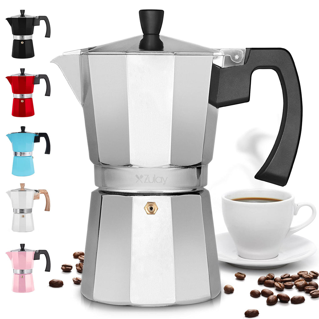 Zulay Kitchen Classic Stovetop Espresso Maker for Strong Espresso with Great Flavor, Classic Italian Style Moka Pot, Delicious Coffee, Easy to Operate and Quick Clean (Silver)
