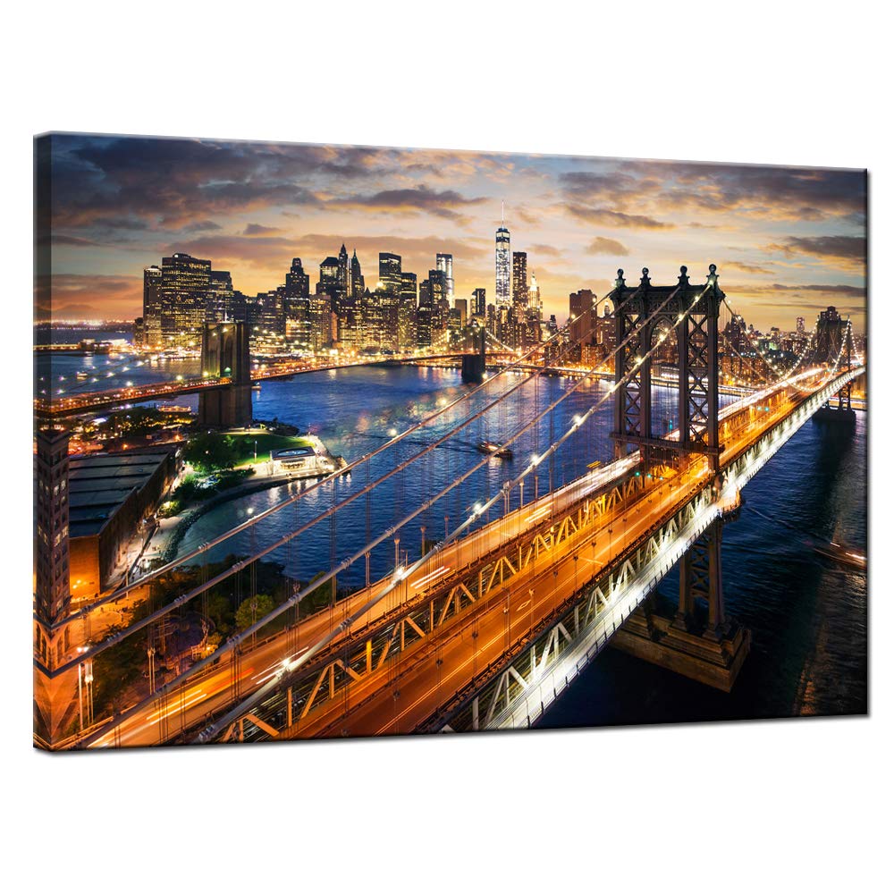 Nachic Wall New York City Wall Art Modern Manhattan Bridge Night View Pictures on Canvas Print Painting for Living Room Bedroom Decor Contemporary Cityscape Artwork Stretched and Framed Ready to Hang