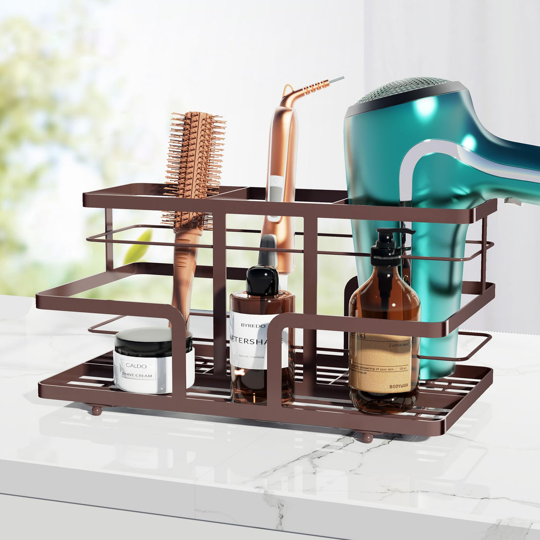 YIGII Hair Dryer Holder - Brown Hair Tool Organizer Blow Dryer Holder 4 Compartments All in One Curling Iron Holder for Flat Iron Hair Straightener, Bathroom Counter, Salon