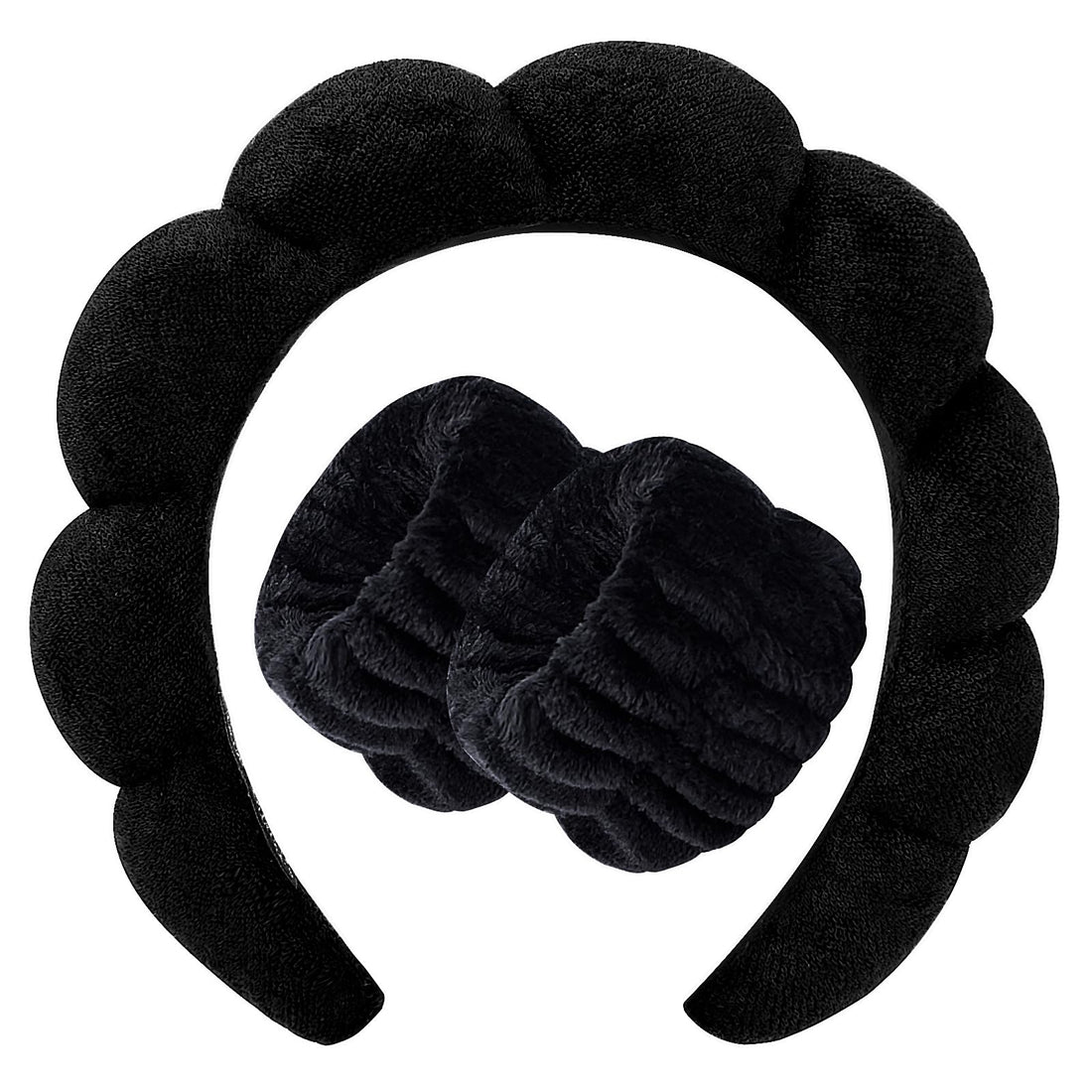 Gifts for Mom Spa Headband Washing Face Women - Sponge Headbands for Girls Skincare Makeup Removal Bubble Soft Terry Towel Cloth Non Slip Thick Puffy Hair Accessories Wristband Set Mask (Black)