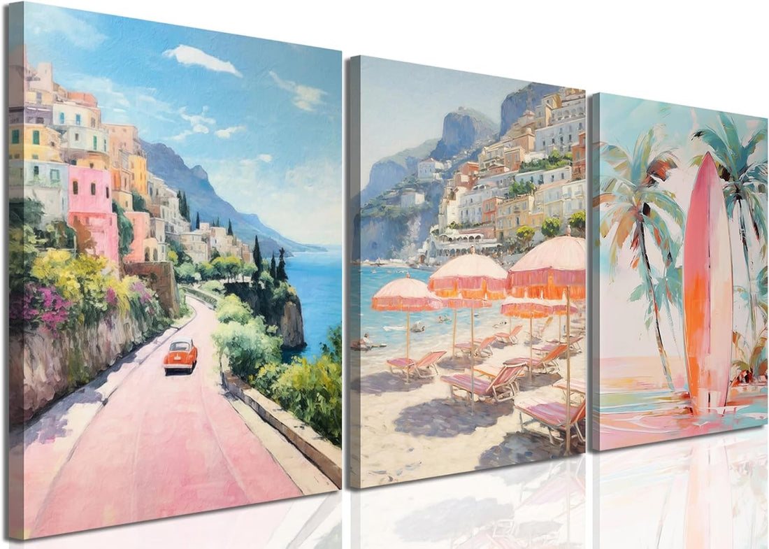 Preppy Coastal Wall Decor Paintings, Italy Amalfi Coast Poster Canvas Prints, Beachy Surf Pictures Aesthetic for Teen Girls Bedroom Living Room Dorm 12x16 inch Framed