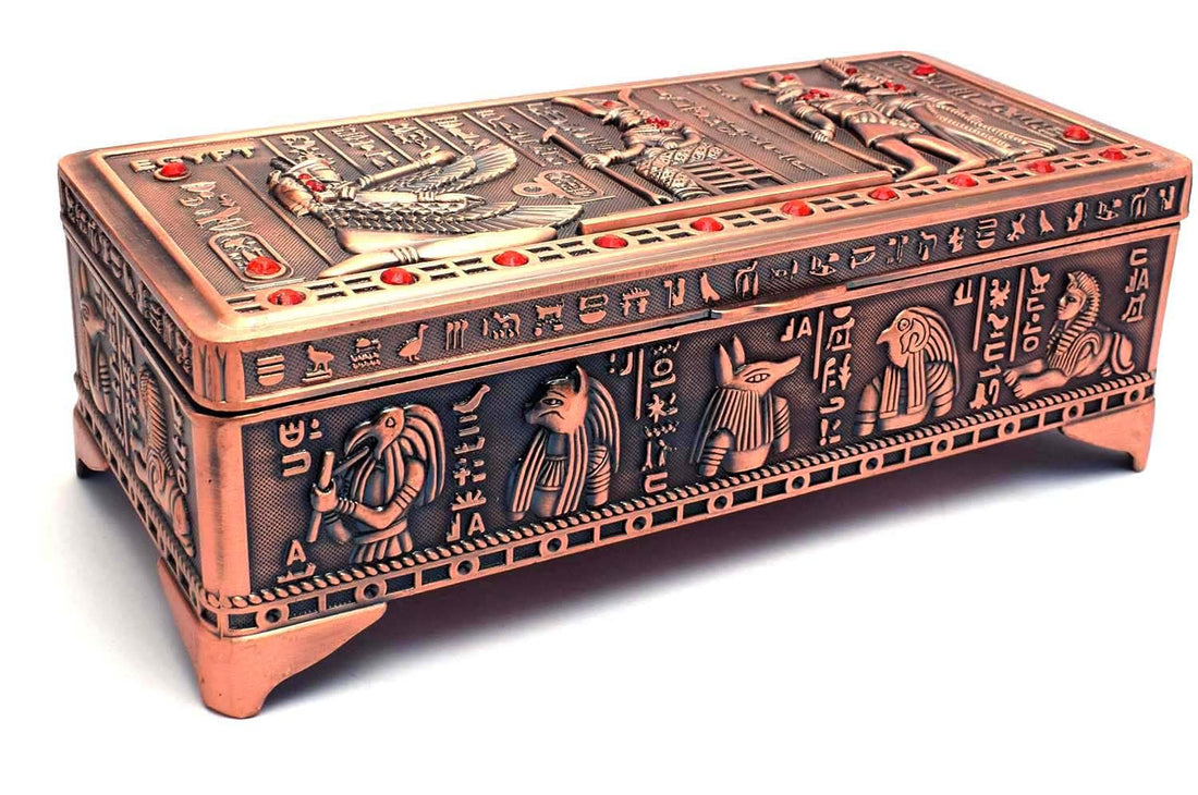 Immatgar Luxury Egyptian Jewelry Storage Box with Pharaonic Pattern - premium Souvenir gifts for Women and Girls - Home Decor Piece (iisis2 - Burnt Red - 12.5 CM Long)