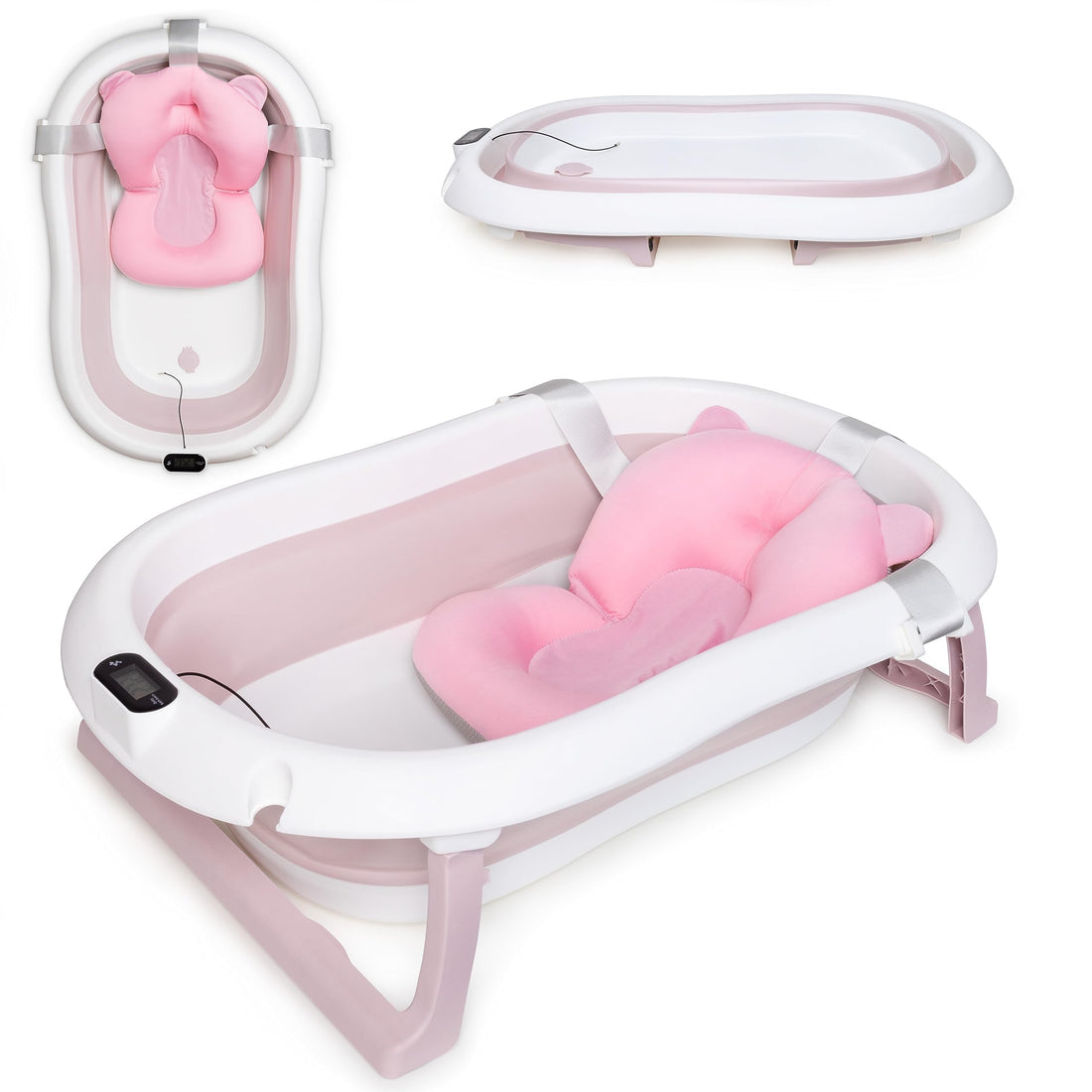 Baby Bathtub, Foldable Baby Bathtub, Pink Baby Bath with Thermometer and Bath Pillow, 80 cm Baby Bathtub for Children 0-36 Months, Children's Bathtub, Non-Slip, Portable