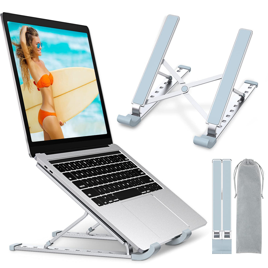 Babacom Laptop Stand, 9 Levels Aluminium Laptop Stand, Portable, Height-Adjustable, Ventilated Notebook Stand, Compatible with MacBook Pro Air, Lenovo, Dell, 10-15.6 Inch Laptops Tablet, Silver