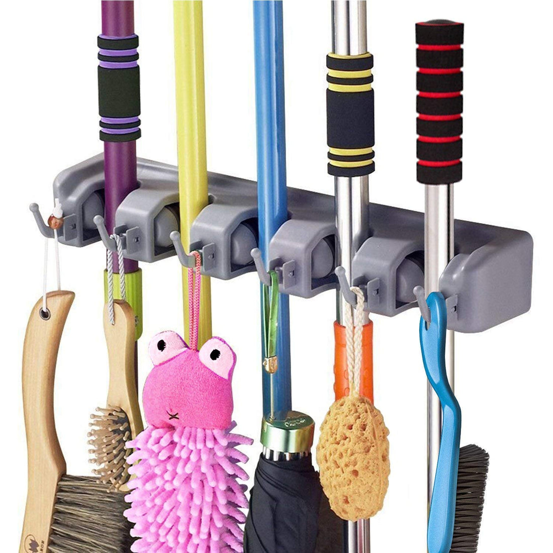 Dargoba Polypropylene Wall Mounted Broom and Mop Holder, 5 Slot 6 Hooks Broomstick Brush Storage Organizer Stand With Hanger - Grey