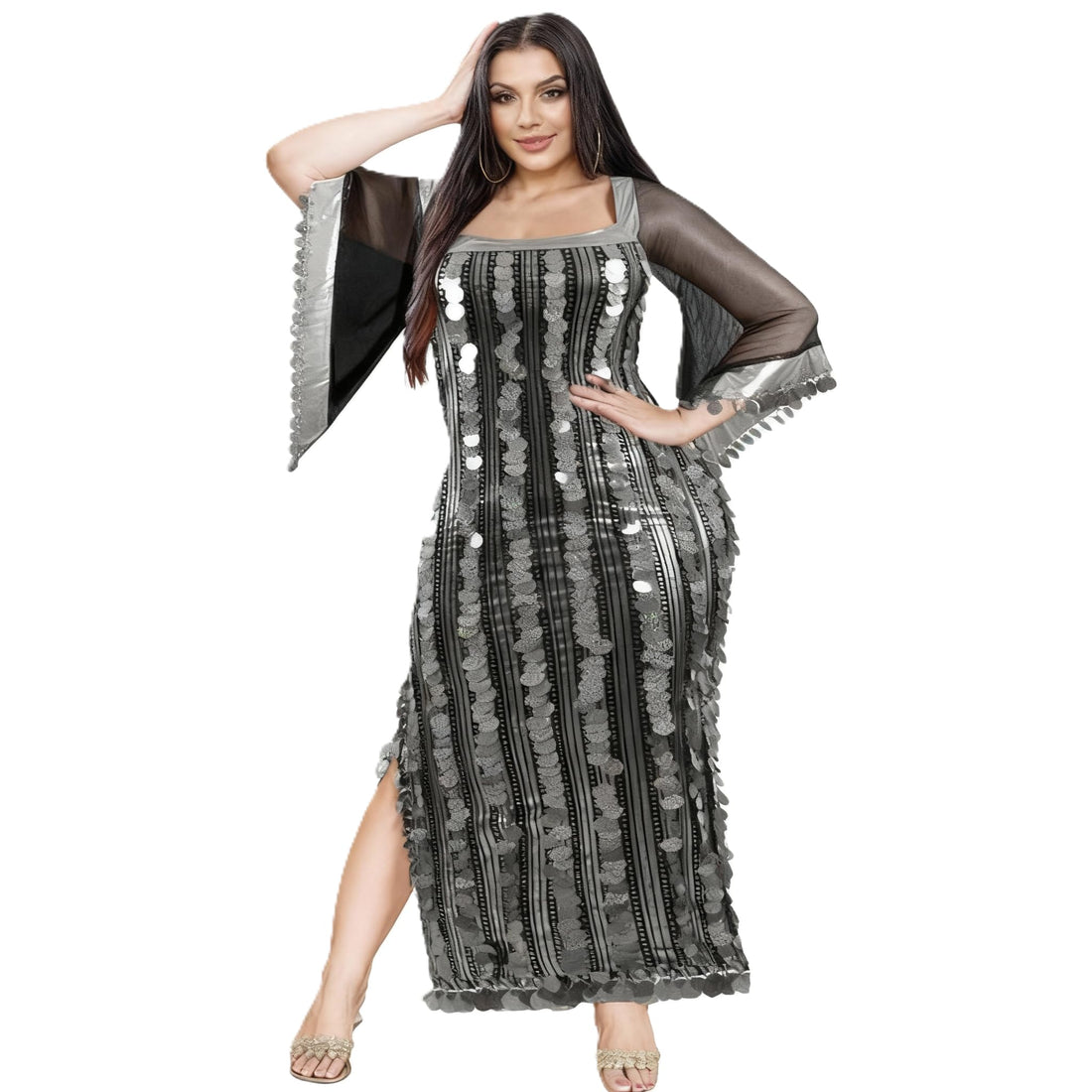 JAZZEEL Women’s Lingerie Dress, Sequin Striped Bodycon Design with Sheer Sleeves and Side Slit, One-Piece Nightwear for Home Comfort and Special Occasions,
