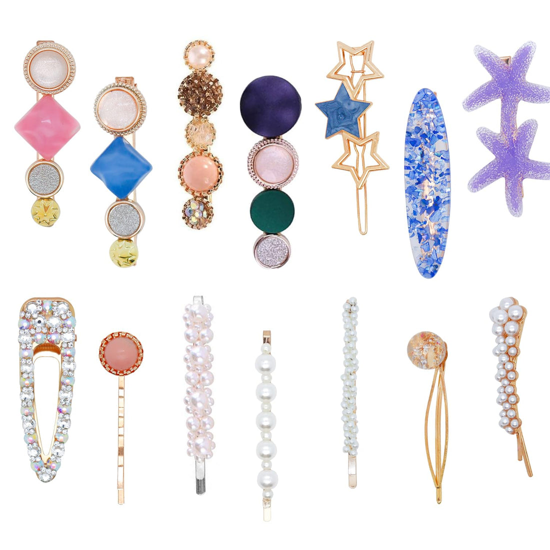 Hair Barrettes for Women - 14pcs Pearls Hair Clips Acrylic Resin Hair Pins Glitter Crystal Bobby Pins Hair Accessories for Women Girls