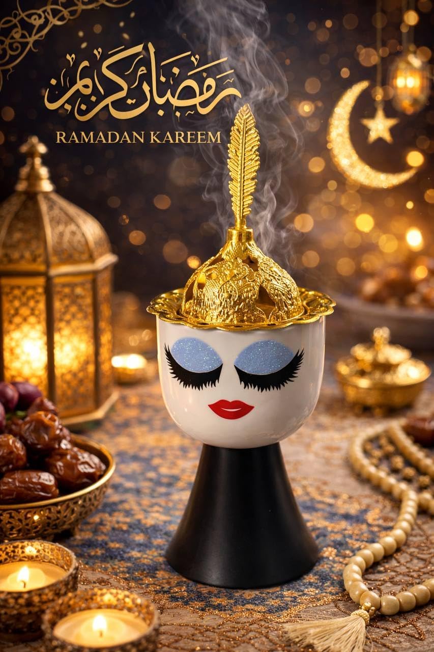 Porcelain Incense Burner with Sturdy Metal Base and Decorative Ottoman Metal Cover for Oriental Decor and Add Elegant Touch to Home Majlis and Ramadan Atmosphere