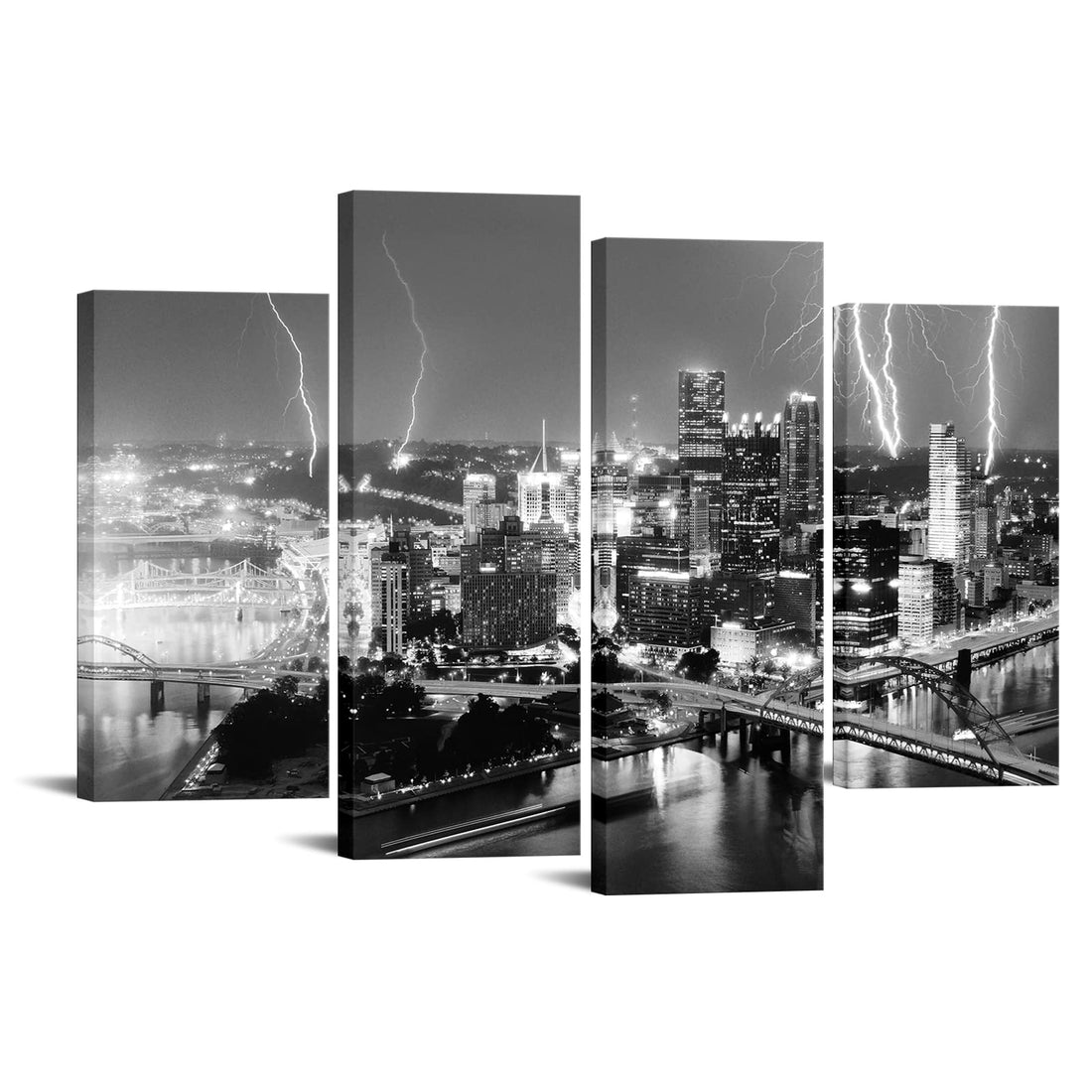 Nachic Wall 4 Panels Black and White Picture Canvas Print Lightning in Downtown Pittsburgh Wall Art Modern USA Pennsylvania City Storm Night Poster for Home Bedroom Decorations Ready to Hang