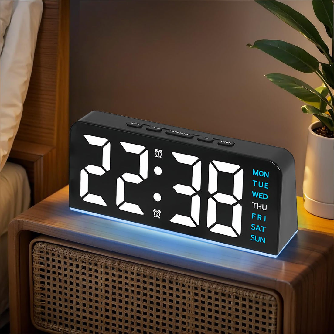 6.8'' Digital Alarm Clock, Necomi LED Digital Clock with Ambient Light, with Day/Date/Temperature/ 12/ 24H/ Dual Alarm/Snooze, Bedside Desk Table Clock, for Office Bedroom Kids Elderly