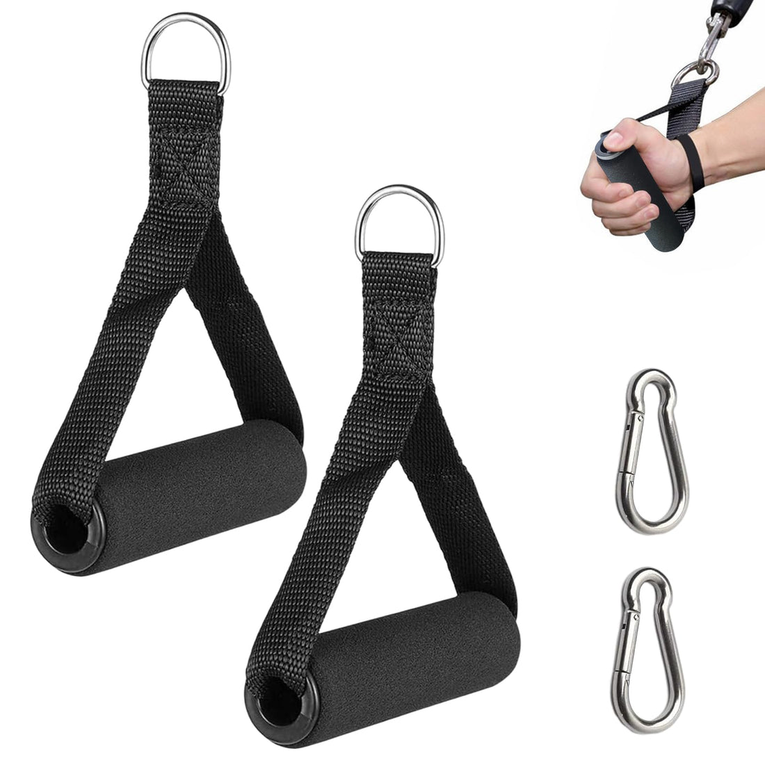 Rakiuty Single Handle Cable Pull, 2 Single Handle and 2 Carabiner Hooks, for Resistance Bands, Black, Silicone and Rubber, Strength Training