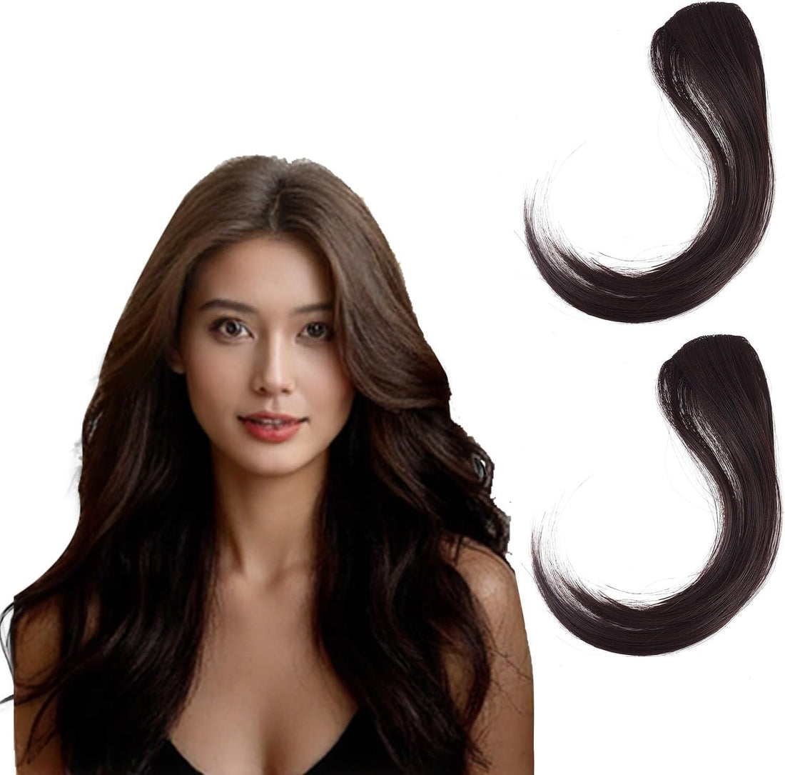 Long Side Bangs ONE Clip in Hair 2PCS Set-25CM, Thick Wavy Hair Bangs Clip on Natural Curly Swept Bangs Fake Fringe Bangs Long Temple Hair -High Temperature Fiber Hair -JW265 (N6-BROWN)