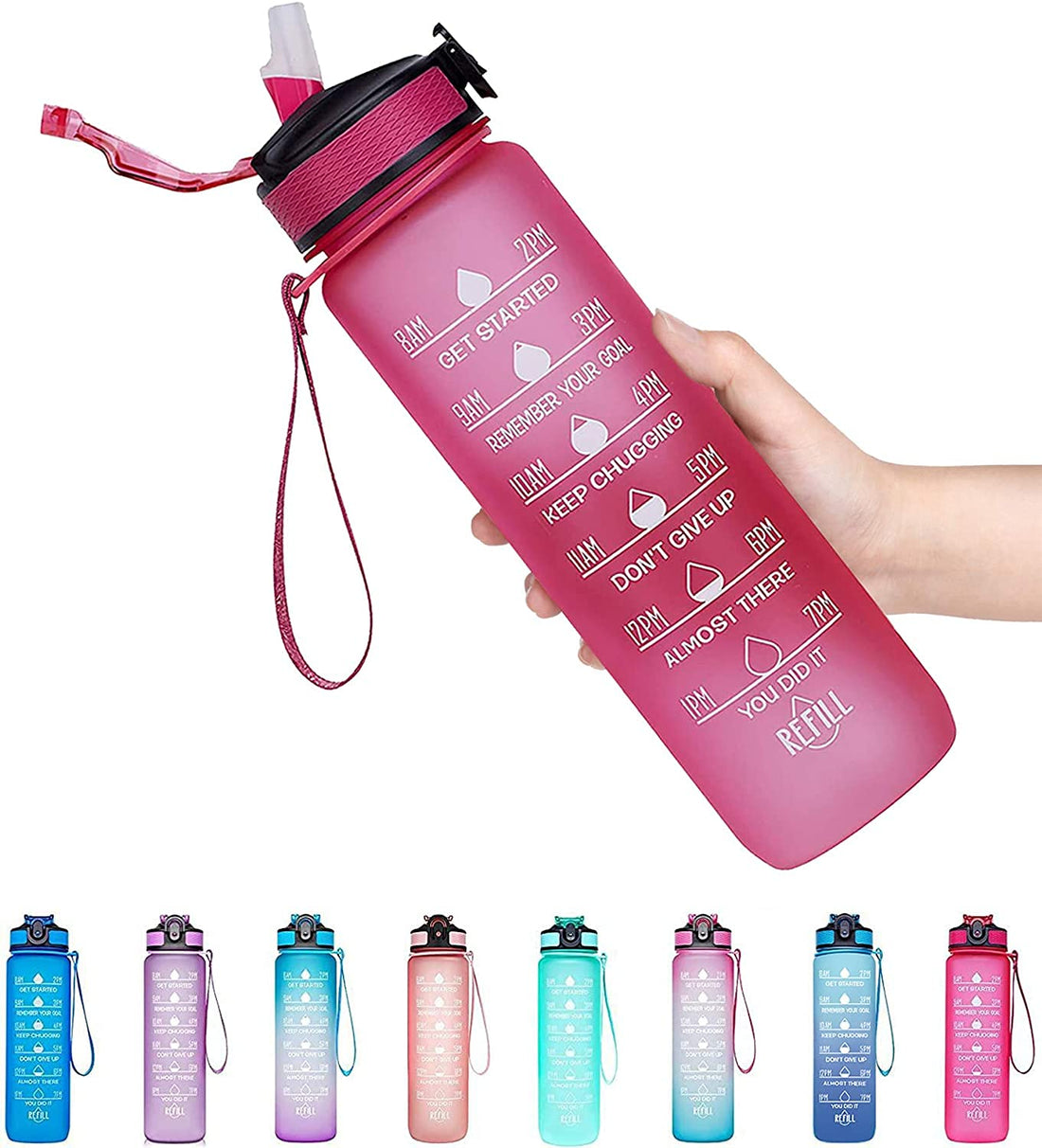 GULFYA Water Bottle 1l (32OZ), BPA Free Motivational Water Bottle with Time Marker & Strainer. Water Bottle for Kids. Anti-slip for Gym, Camping and Outdoor Sports (Pink)