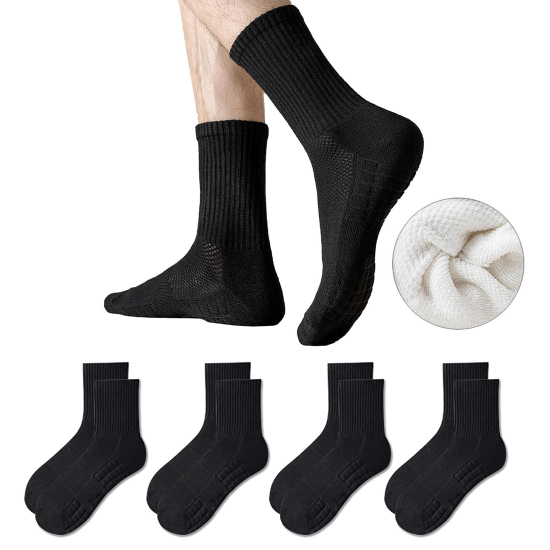infino Men's Cotton Towel-Sole Sports Socks with Breathable Mesh, Ergonomic Design, Anti-Slip Technology for Running, Basketball, and Casual Wear (4-Pair Pack, Black)