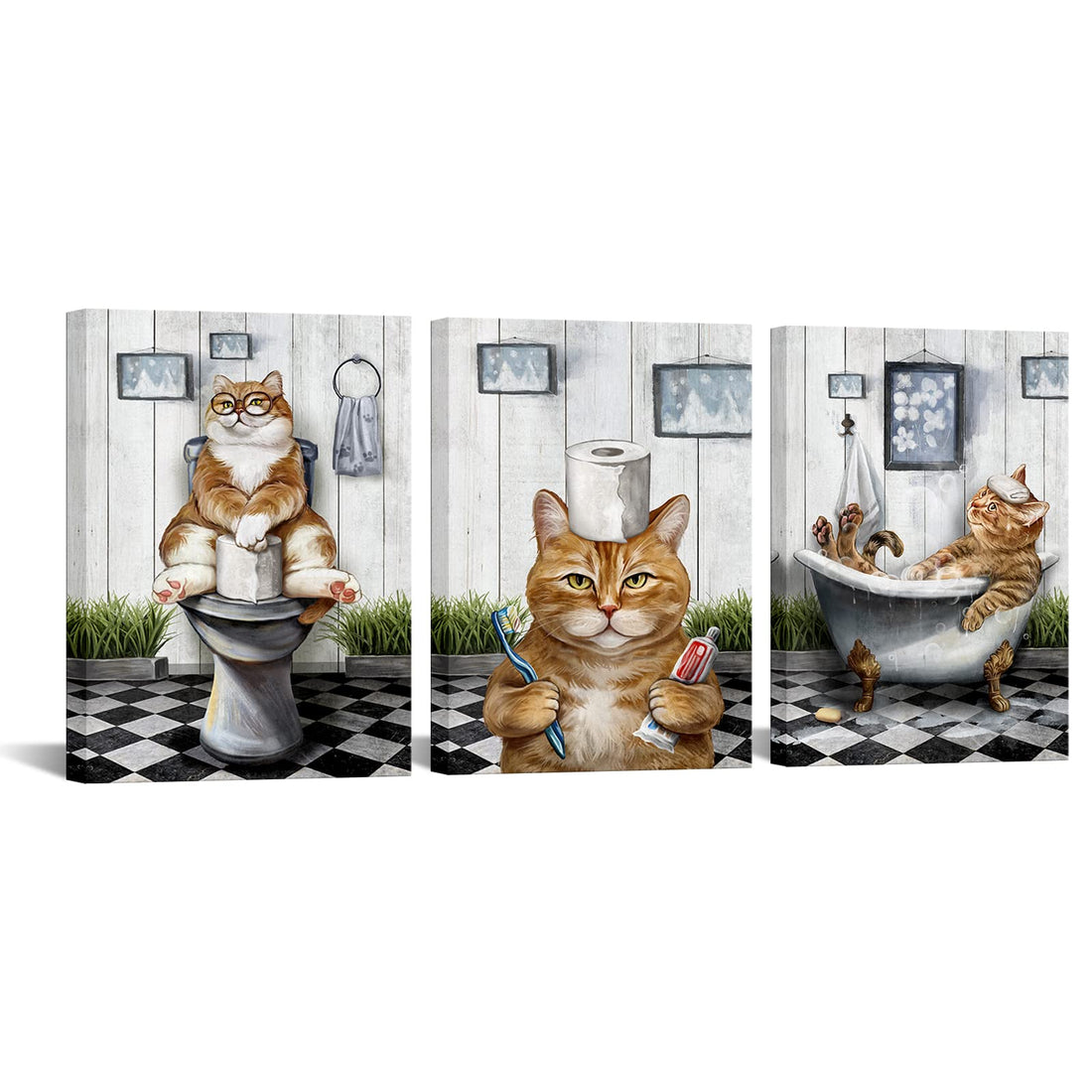 Artsbay Cat Bathroom Decor Orange Toilet Wall Art Cat Pictures for Bathroom 12" W x 16" H x 3PCS