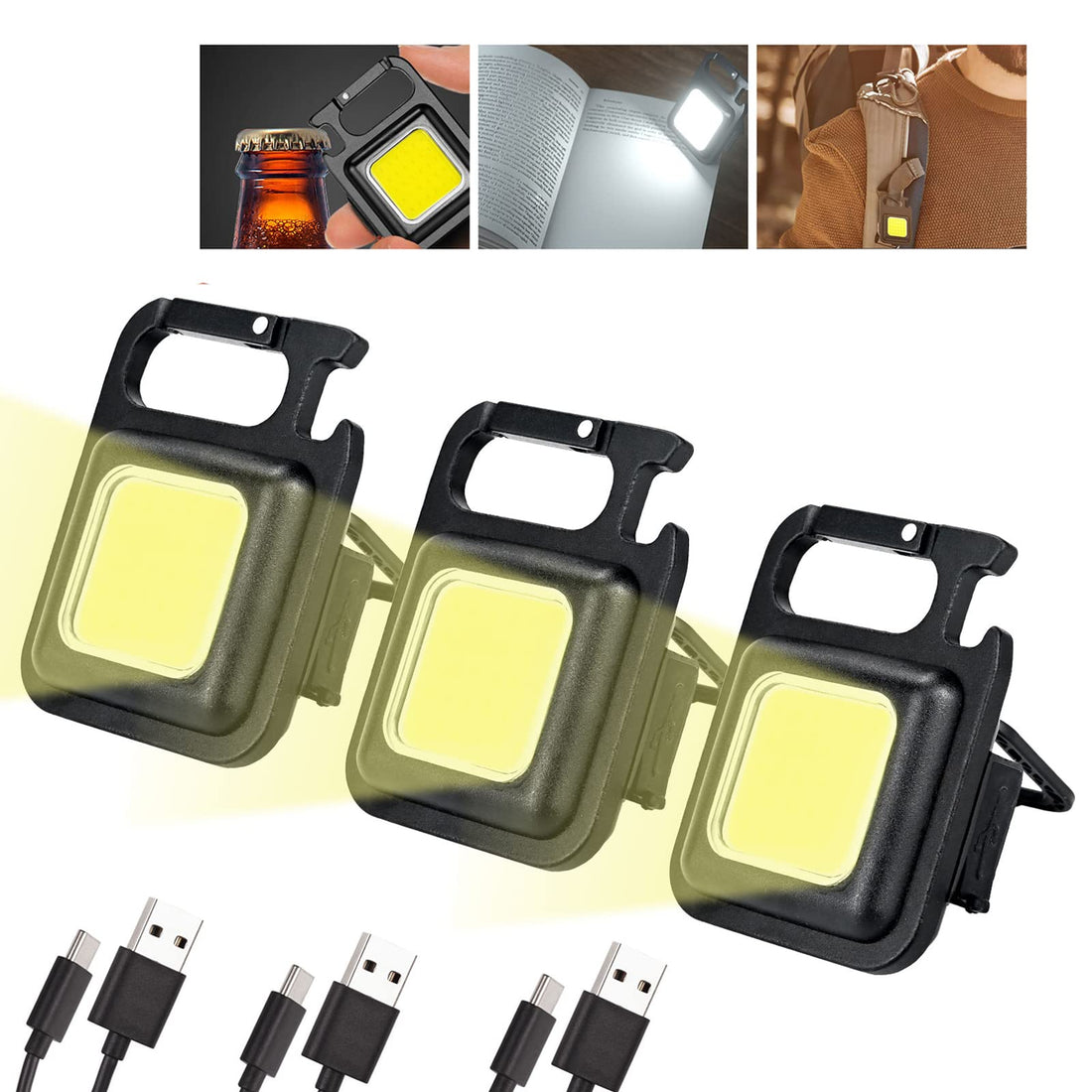 CECOMBINE Pack of 3 Mini LED Inspection Lights, Torch Keyring with USB Charging, 4 Modes, Portable Work Lamp, 500 Lumens, Magnetic Waterproof Mechanic Light for Emergency Lighting, Camping, Repair