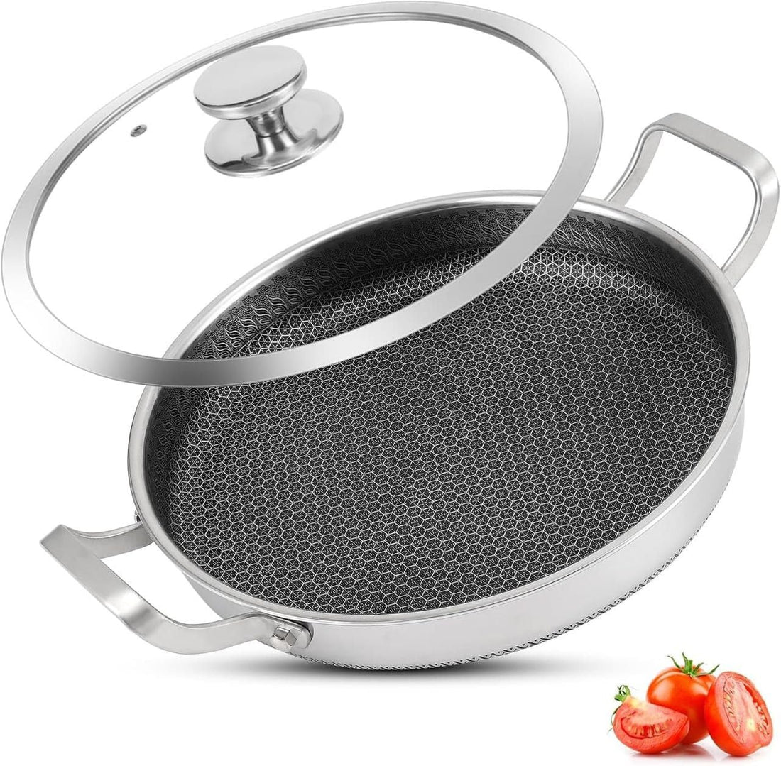 Next Store 28cm Non-Stick Stainless Steel Frying Pan with Airtight Lid – Food Grade, Easy to Clean, Compatible with Gas, Ceramic, Induction