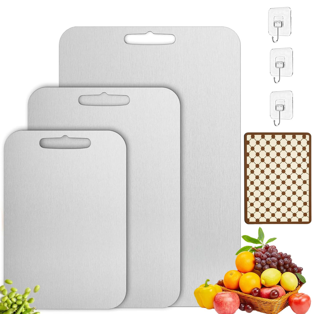 VIOPY 3 Pieces Chopping Board 304 Stainless Steel (Authentic), Kitchen Chopping Boards with Non-Slip Mat (40 x 30 cm) and 3 Hooks, Titanium Cutting Board, Cutting Board, 3 Sizes