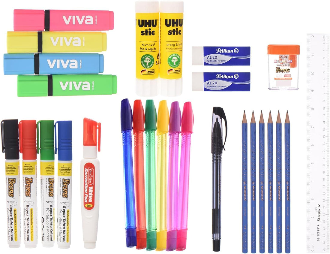 High School Bag Set Contains 10 Items (Whiteboard Marker, Ballpoint Pens, Highlighters, Corrector, Glue Stick, Fine Line Pencil, Eraser, sharpener, Ruler)