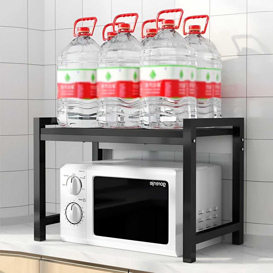 Microwave Stand - Robust Black Two-Tier Storage Rack for Kitchen Countertop, Holds Oven and Rice Cooker Securely, Adjustable Size Ensures Perfect Fit for Various Home Kitchen Layouts