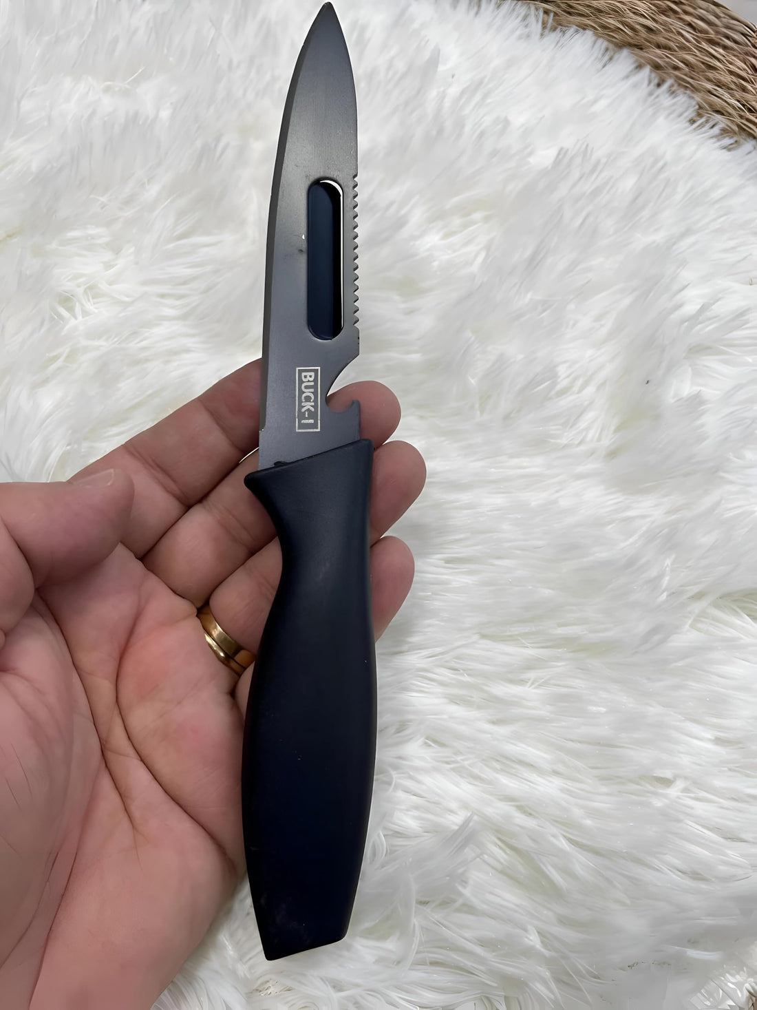 Durable Utility Edge - High-carbon steel knife with multifunctional design, including a sturdy peeler and inline sharpener, providing exceptional durability, rust resistance, and sharpness retention