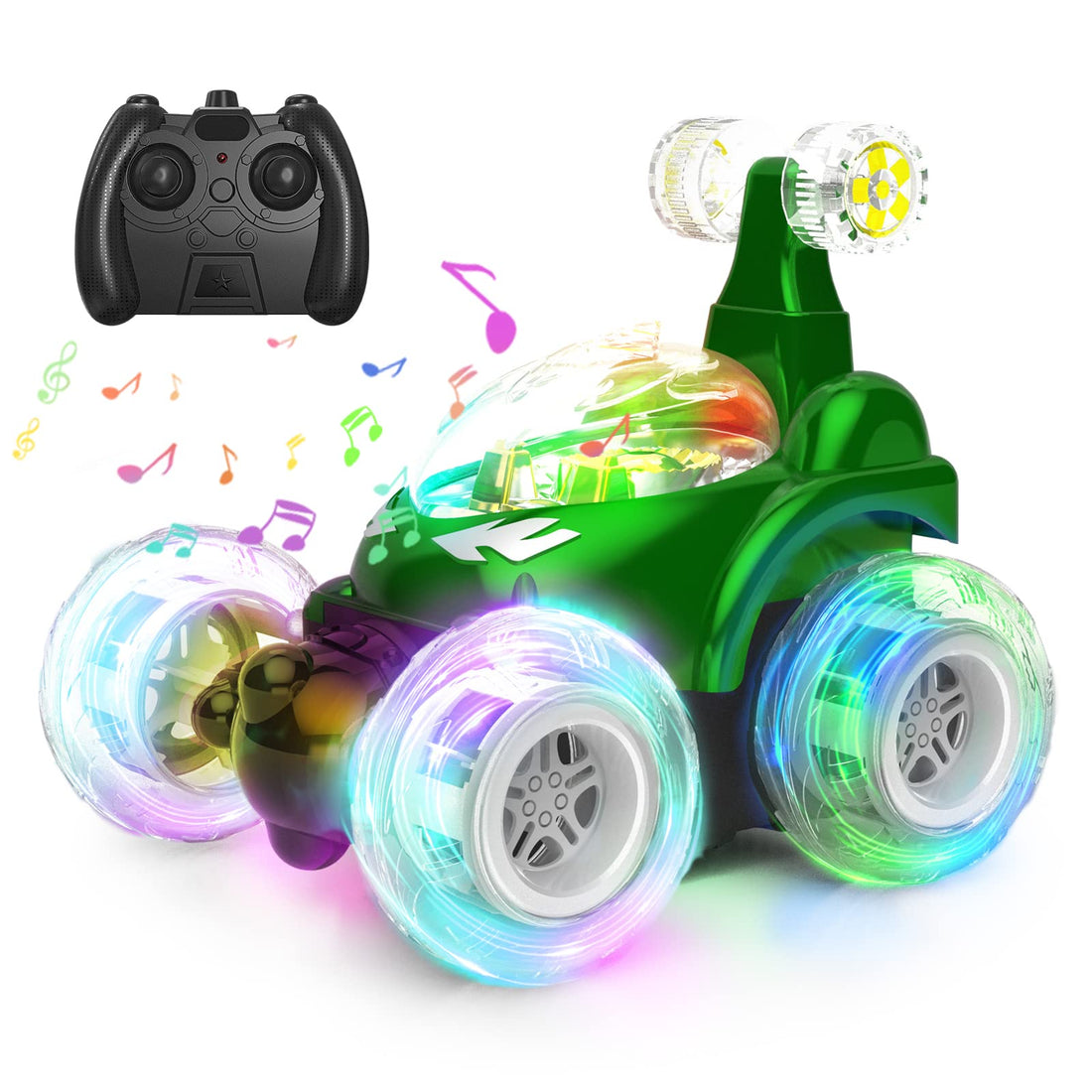 Wonka Kizeefun Remote Control Stunt Car - Invincible 360° Rolling Twister With Colorful Lights & Music Switch, Rechargeable RC for Boys and Girls (Green)