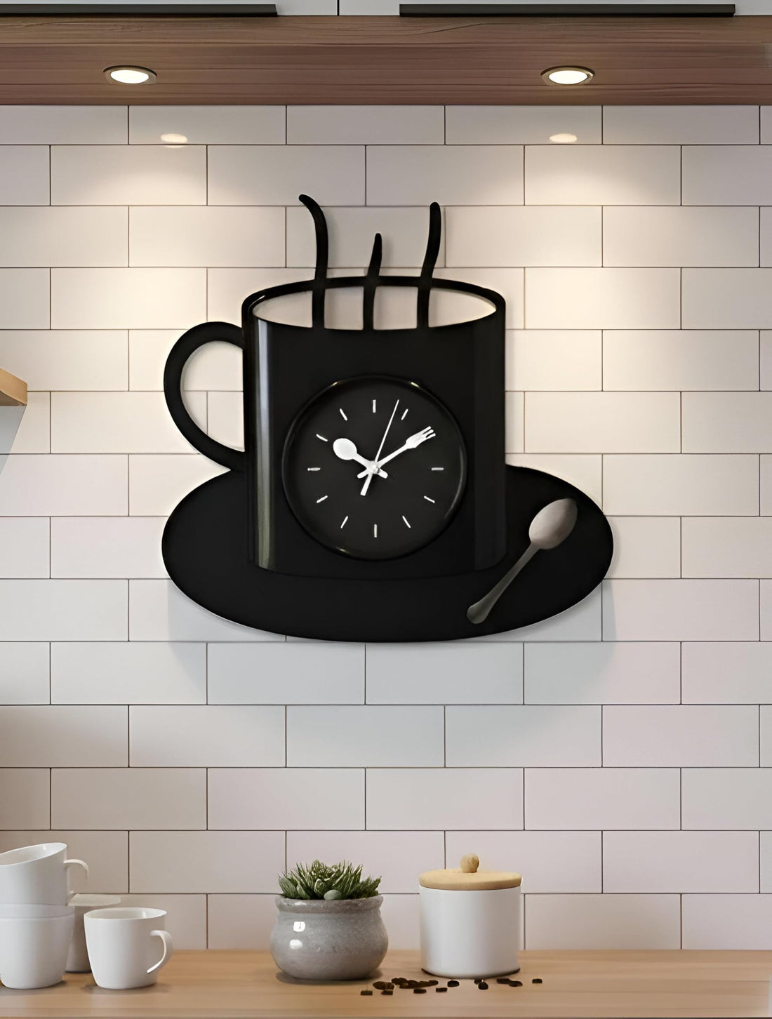 Kitchen Clock - Stylish Coffee Cup Design for Modern Kitchens and Coffee Corners, Crafted from Lightweight Fiber Glass Material (black)