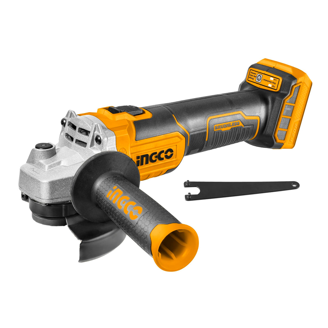 Ingco cordless angle grinder 20v brushless cut-off tool with 1pcs auxiliary handle, 115mm, m14(body only) cagli201158