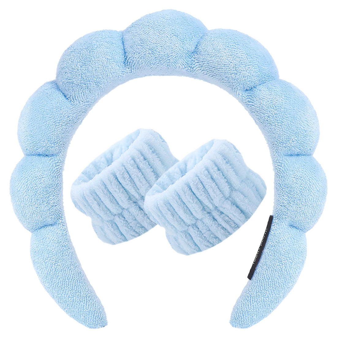 Spa Headband and Wristbands for Women Girls, Face Washing Skincare Hair Band, Terry Towel Cloth Soft Sponge Headwear Makeup Removal, Bubble Head Band, Absorbent Non Slip Thick Hair Accessory (Blue)