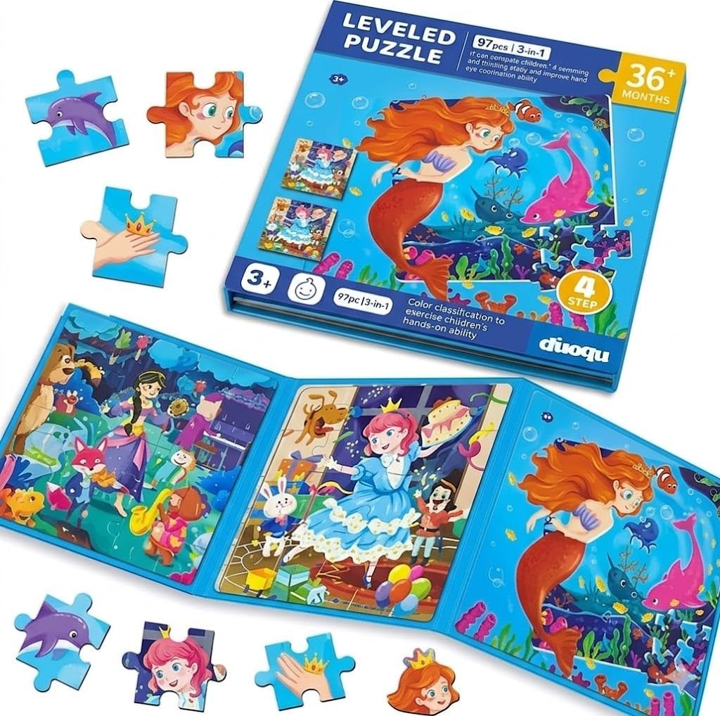 Magnetic Leveled Puzzles for Kids 3+, 97 Pieces 3-in-1 Foldable Puzzle Booklet, Portable Travel Toy for Toddlers, Princess Educational Jigsaw Set, Strong Magnet & Soy-Based Ink
