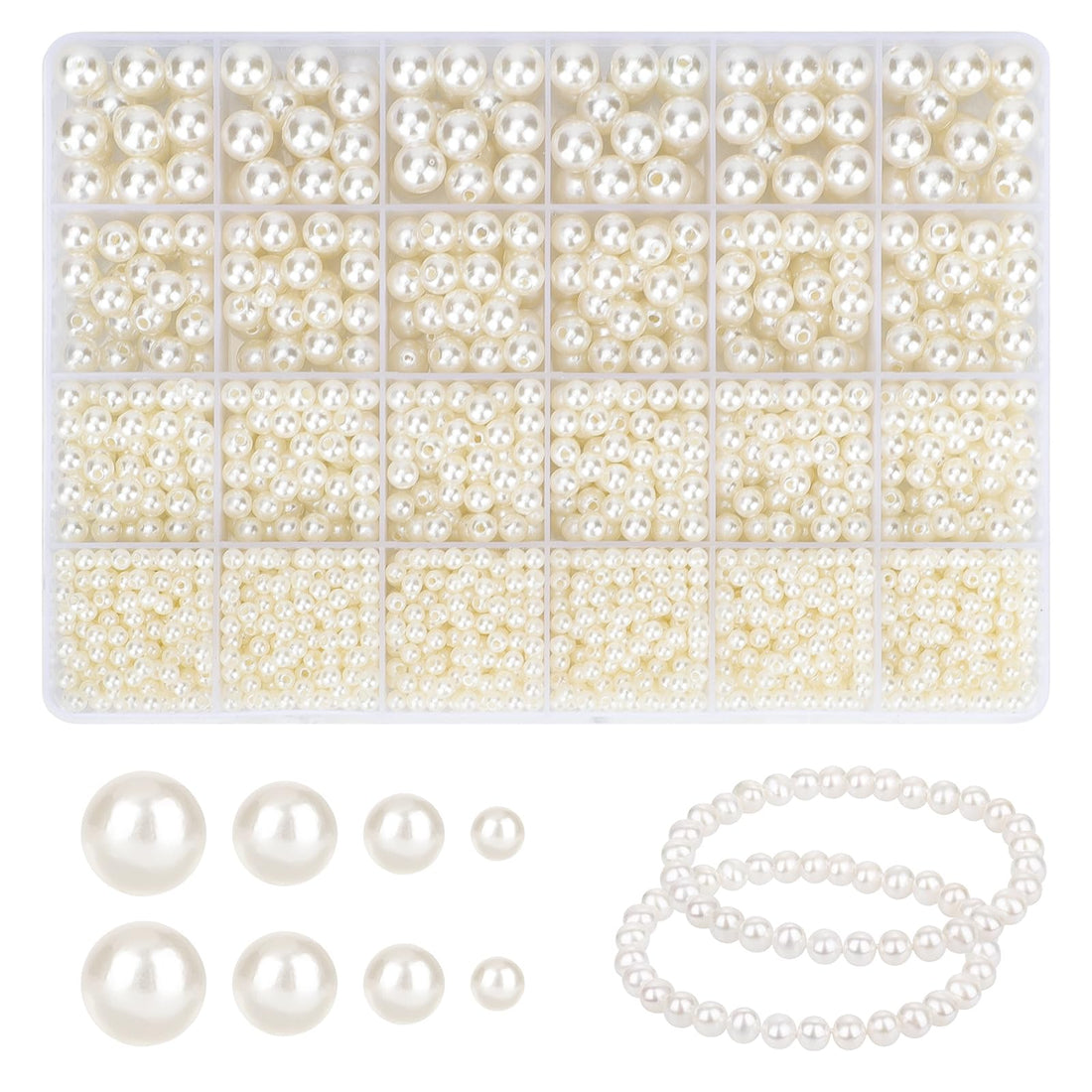 Pack of 2300 Beads for Threading, 4/6/8/10 mm Beige White Beads Set for Bracelets, Faux Pearl, Freshwater Pearls for Threading, for Pearl Necklace, Wedding Decoration, Vase Fillers